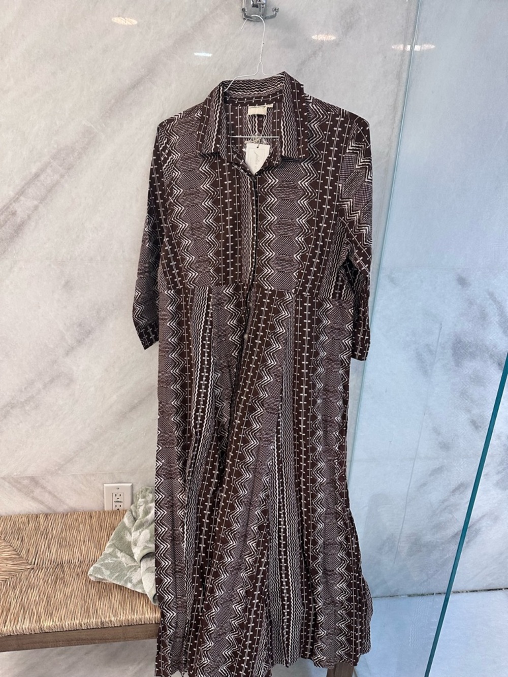 Brown Patterned Maxi Shirt Dress with Geometric Print